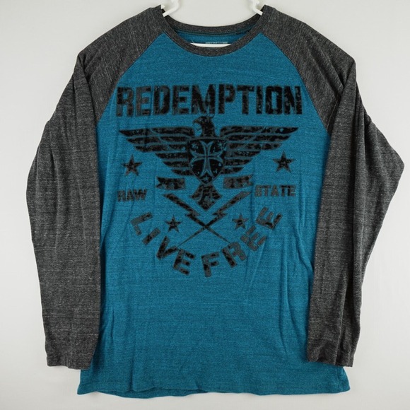 STATE Other - Raw State Shirt Mens XXL Blue Redemption Spell‎ Out Graphic Waffle Thermal Flaws